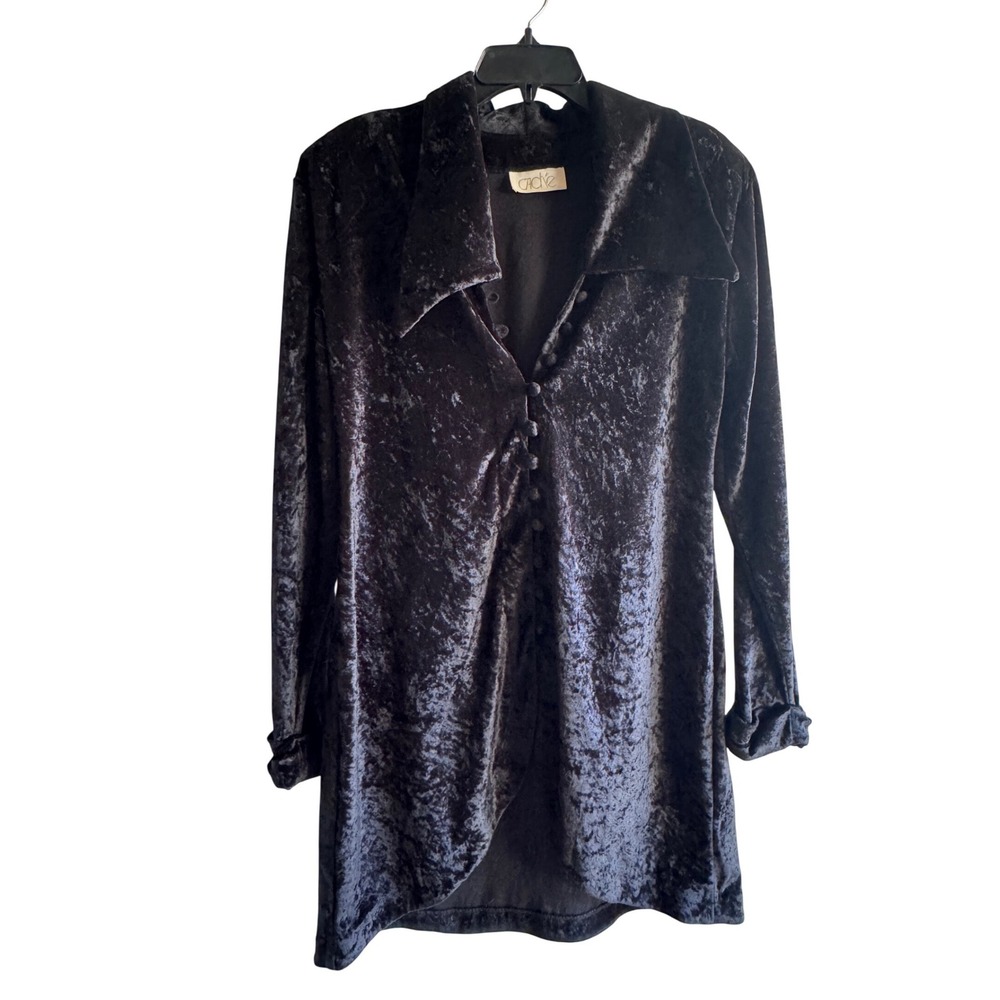 Vintage Cache Black Crushed Velvet Button Up Long Sleeve Tunic Mini Dress